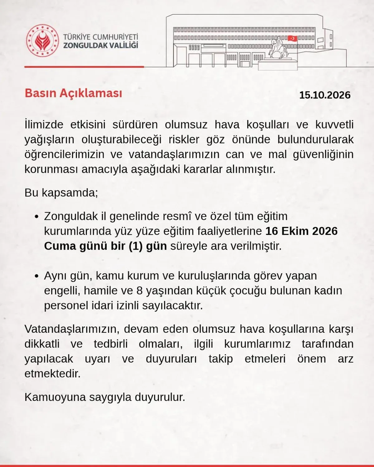 Zonguldak'ta 16 Ekim Cuma yüz yüze eğitime ara verildi, bazı personel izinli olacak