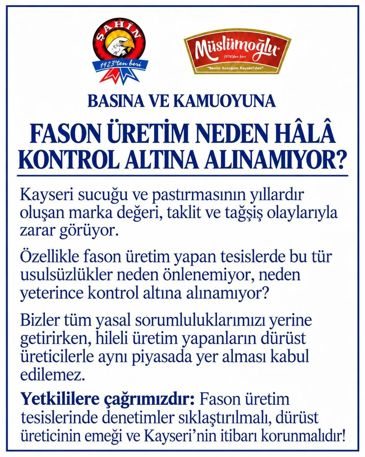 Kayseri'deki 2 sucuk firması fason üretimde denetim sıklaştırılmasını istedi