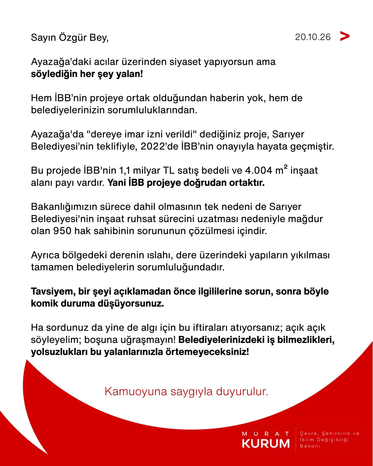Bakan Kurum'dan Özgür Özel'e Ayazağa yanıtı: Söylediğin her şey yalan, İBB projeye doğrudan ortak