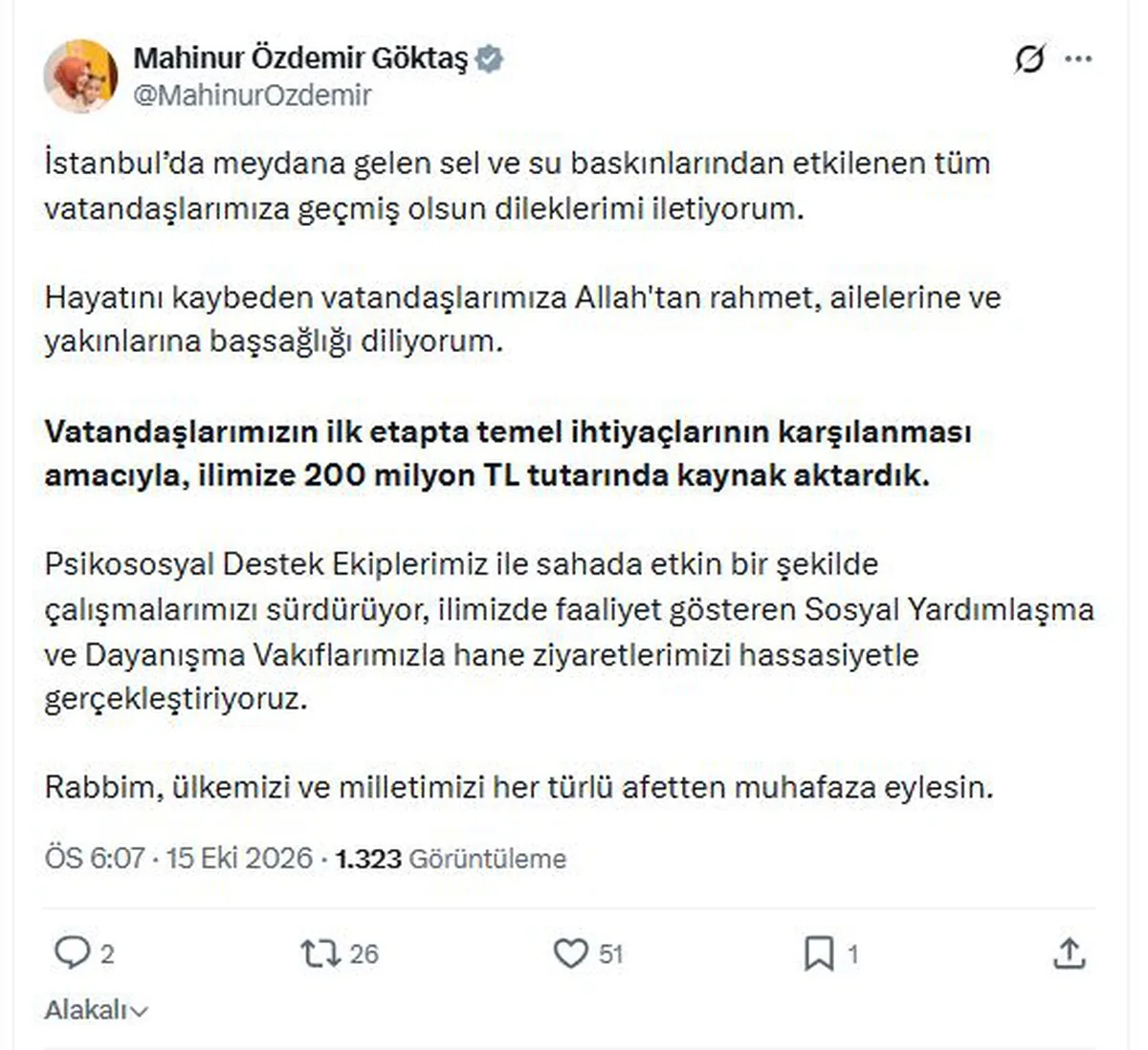 Bakan Göktaş, İstanbul'daki sel için 200 milyon TL kaynak aktarıldığını açıkladı