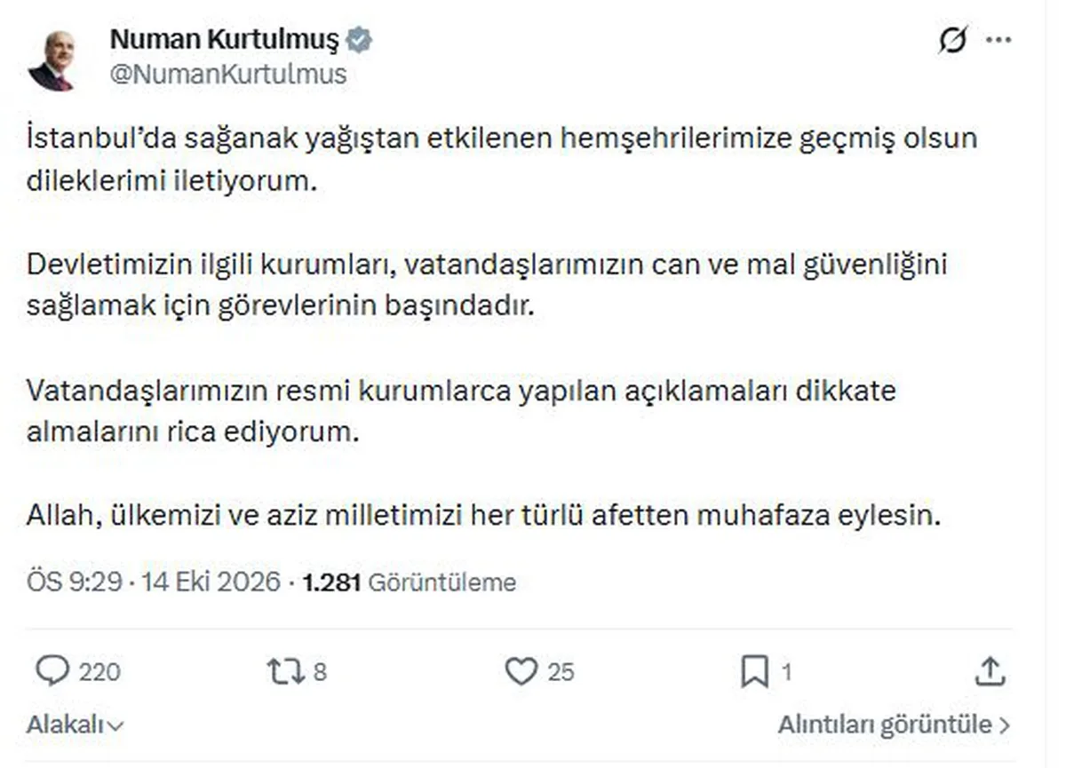 TBMM Başkanı Kurtulmuş, İstanbul'da sağanaktan etkilenenlere geçmiş olsun diledi