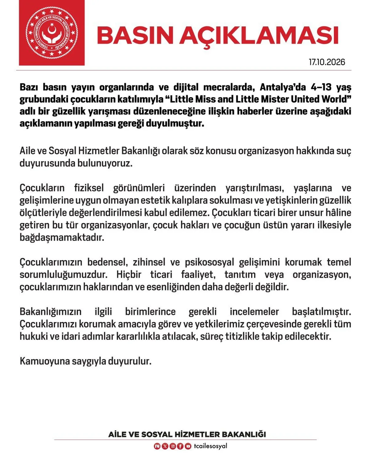 Bakanlık, Antalya'daki 4-13 yaş güzellik yarışmasına suç duyurusu yaptı