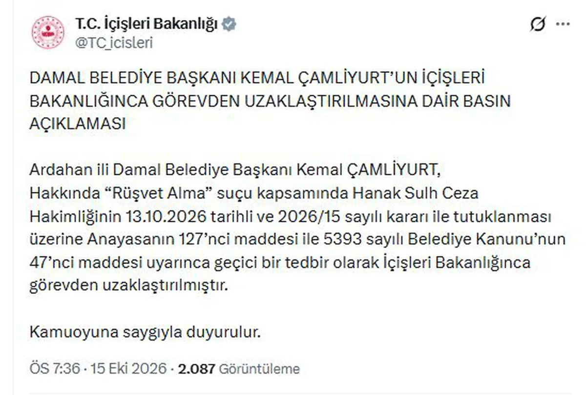 Ardahan Damal Belediye Başkanı Çamliyurt rüşvetten tutuklanıp görevden uzaklaştırıldı