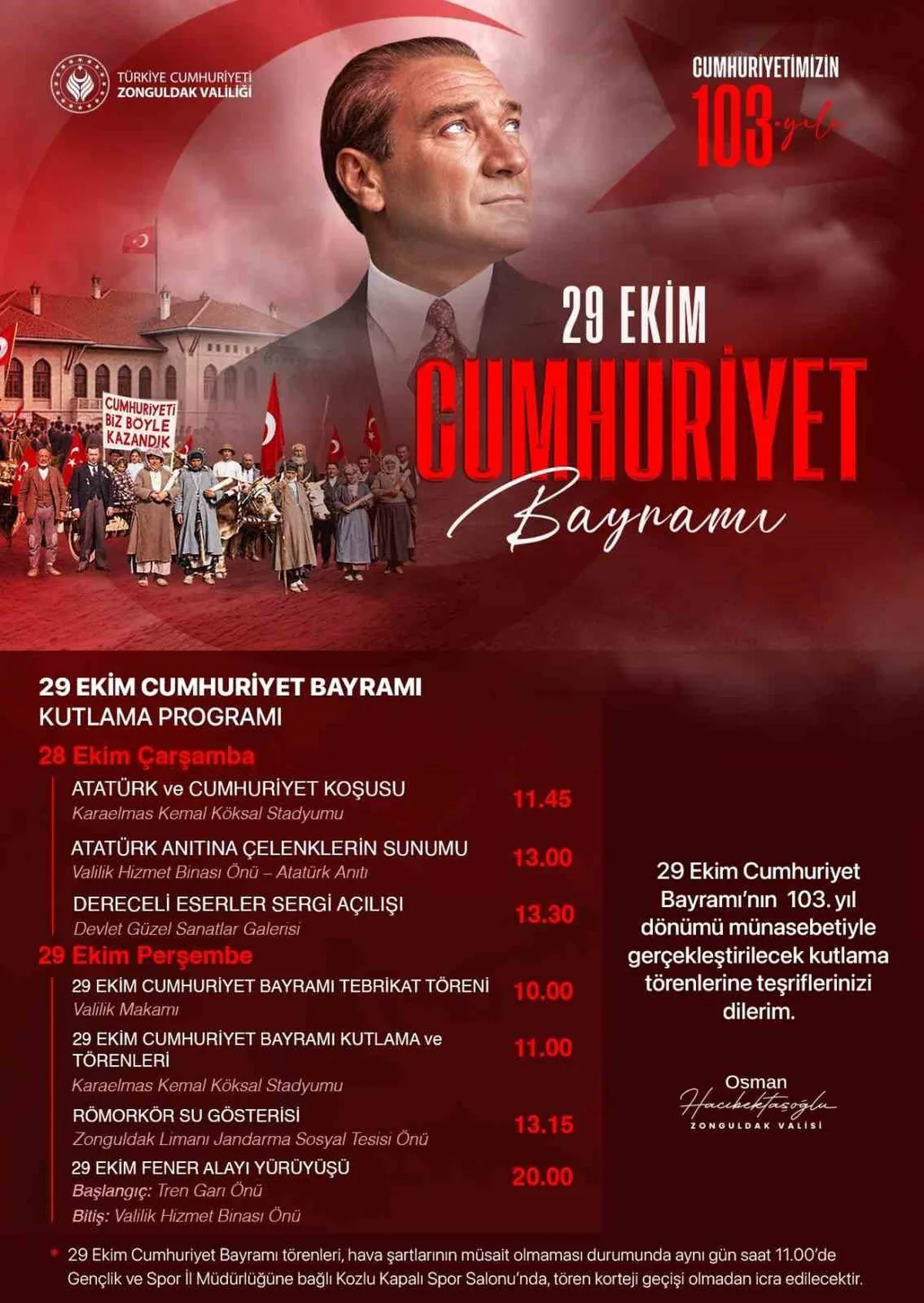Zonguldak'ta Cumhuriyet'in 103. yıl dönümü kutlamaları 28 Ekim'de başlayacak