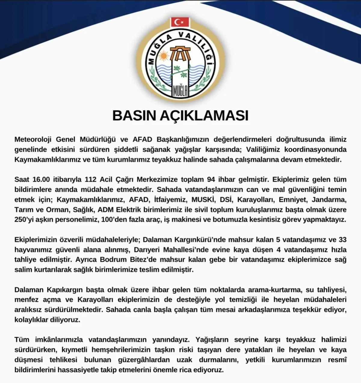 Muğla'da sağanakta 112'ye 94 ihbar geldi, Valilik 250'yi aşkın personelle çalışıyor