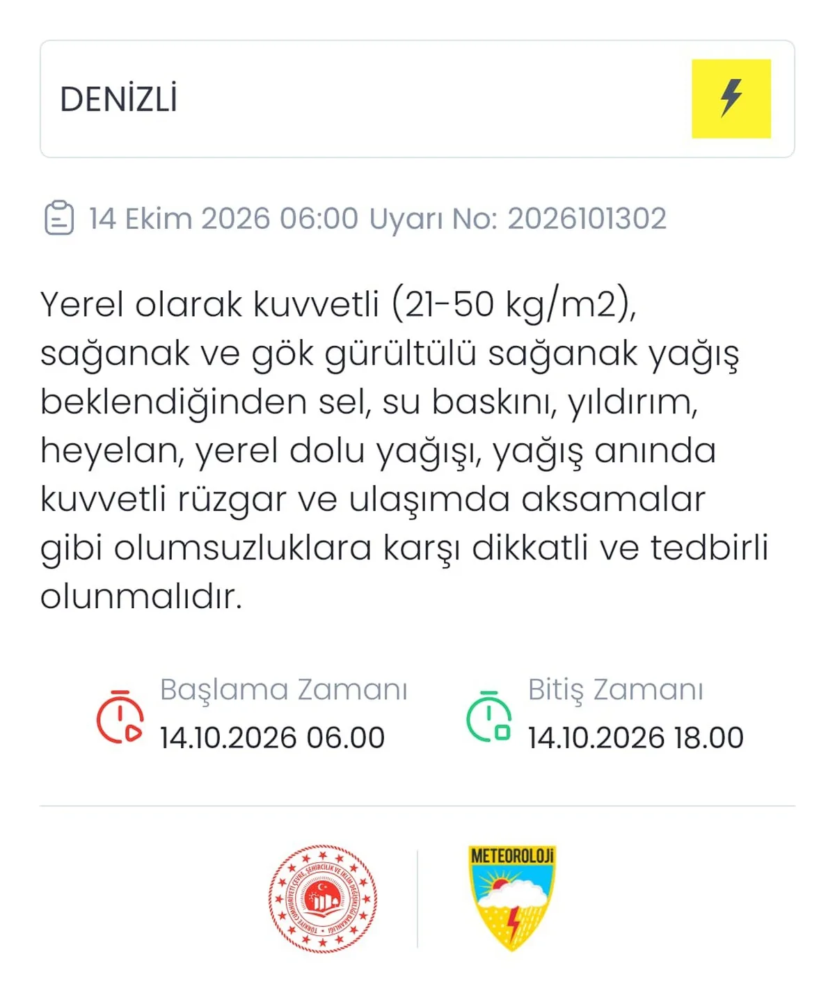 Meteoroloji, Denizli'de 14 Ekim'de kuvvetli sağanak ve sel riskine karşı uyardı