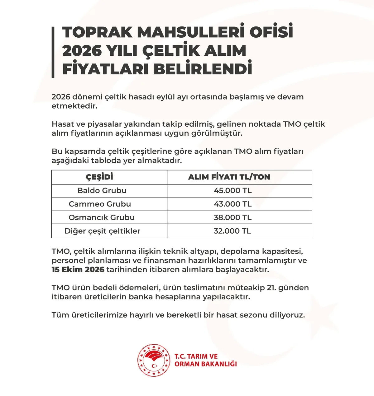 TMO 2026 çeltik alım fiyatlarını açıkladı, baldo çeltiğinin tonu 45 bin TL oldu
