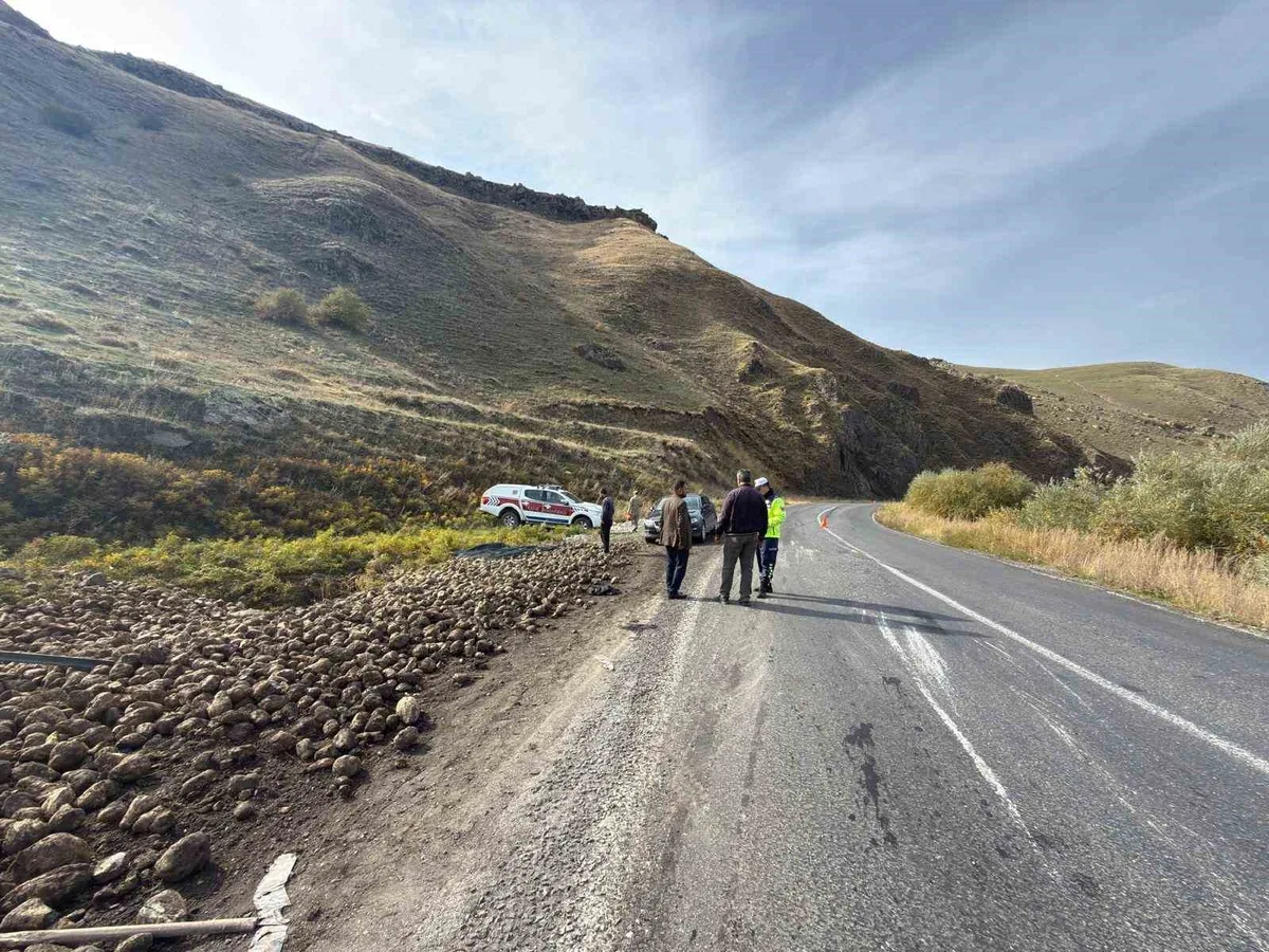 Ağrı Patnos-Tutak karayolunda pancar yüklü tır şarampole yuvarlandı, sürücü yaralandı