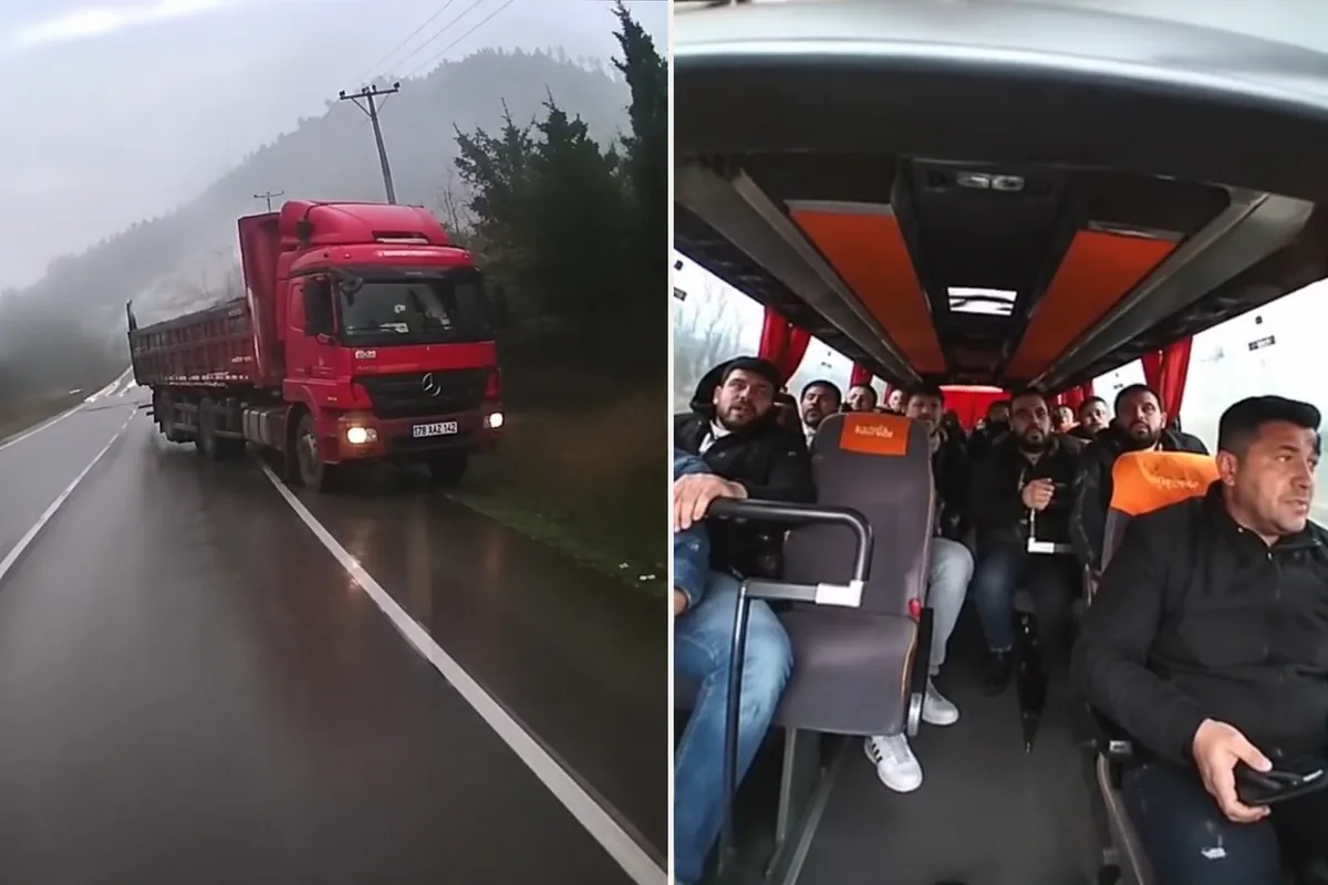 İşçi servisi faciadan döndü! Kamyonun tehlikeli sollaması kamerada