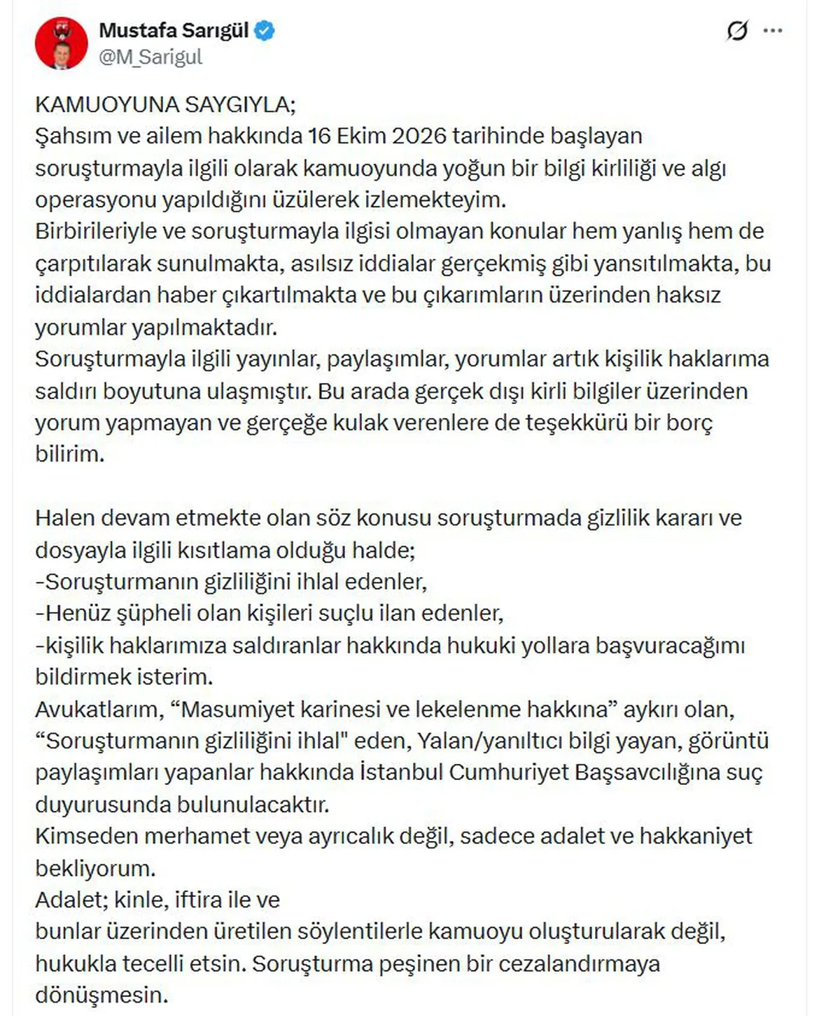 Sarıgül, soruşturma bitene kadar Yeni Parti üyeliğinin askıya alınmasını isteyecek
