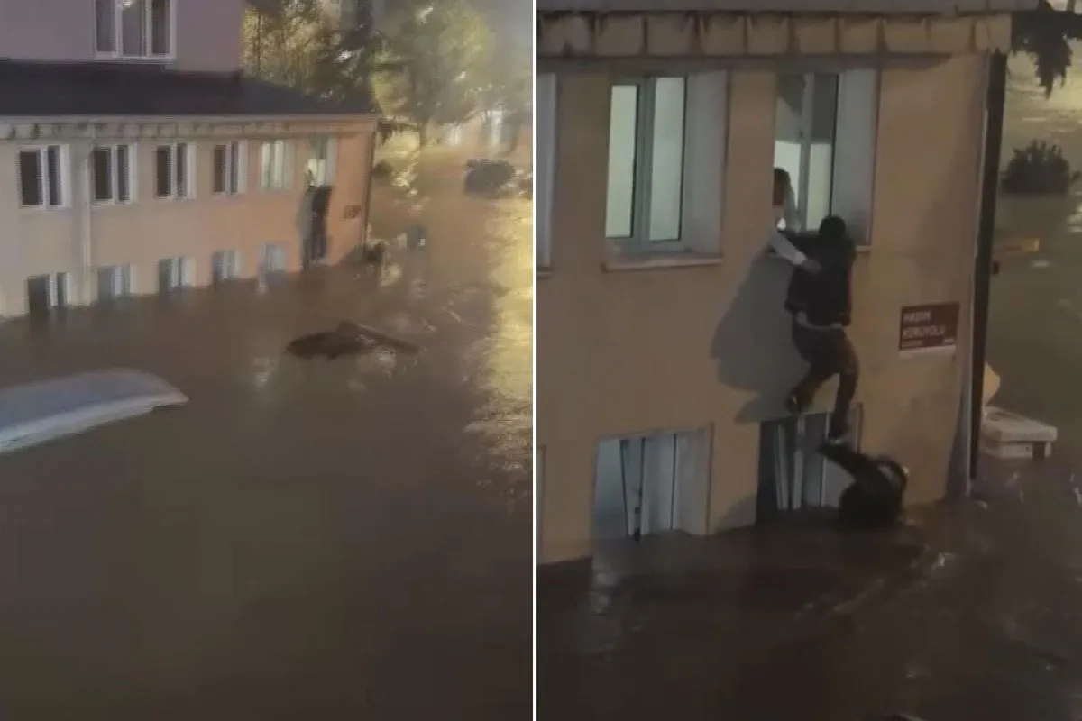 Sarıyer’de sel sularının ortasında kalan vatandaş canını cam pencereye tırmanarak kurtardı