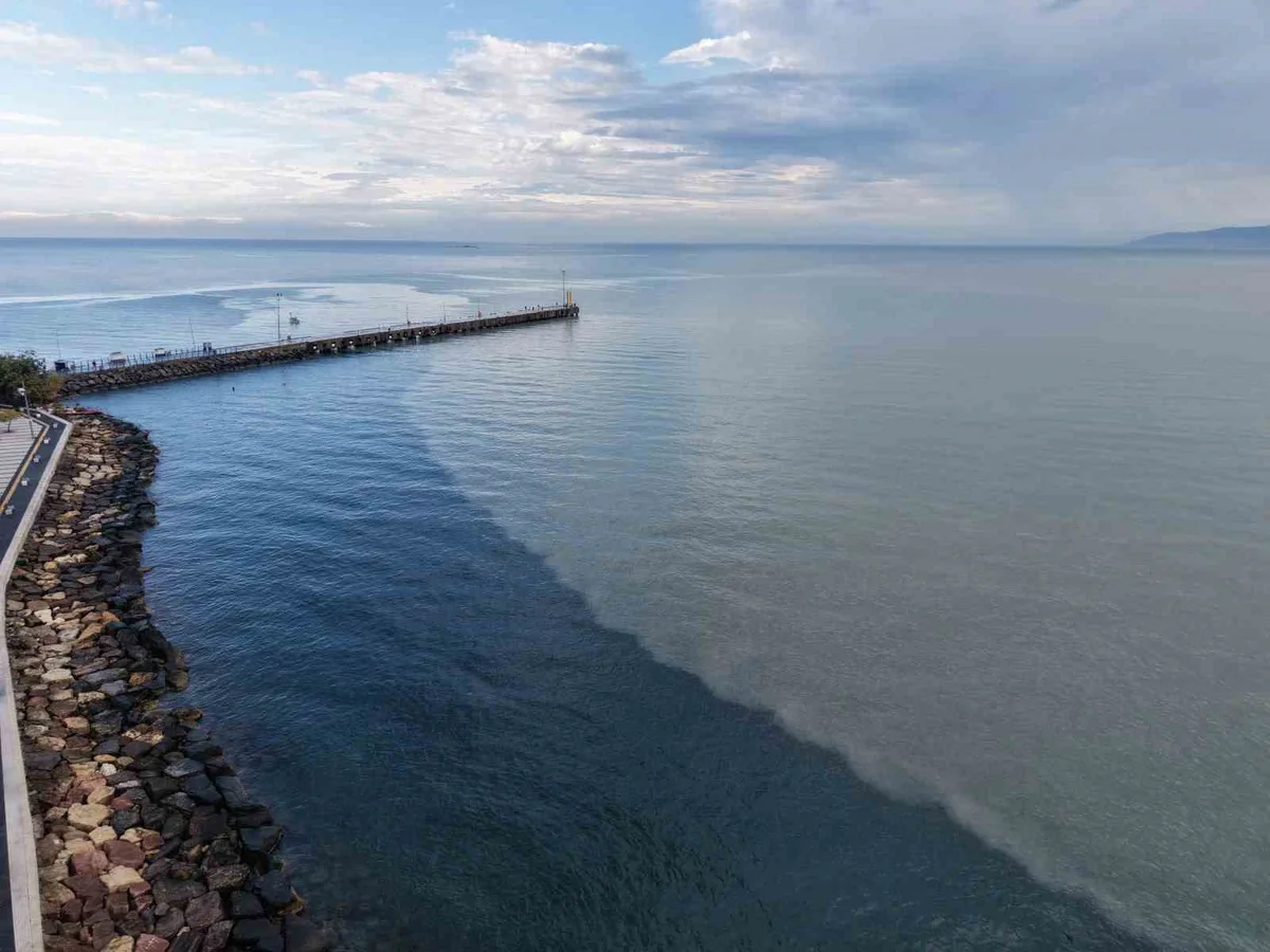 Ordu Fatsa'da yağış sonrası Karadeniz'in rengi değişti, değişim dronla görüntülendi.