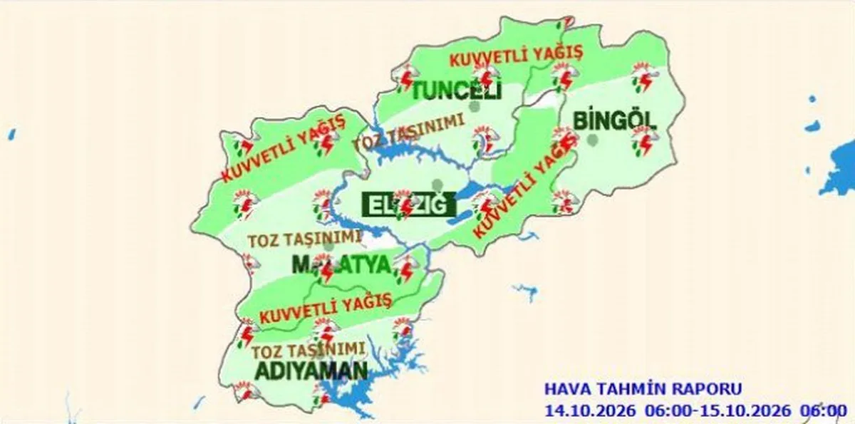 Meteoroloji 13. Bölge, Elazığ için kuvvetli yağış ve toz taşınımı uyarısı yaptı